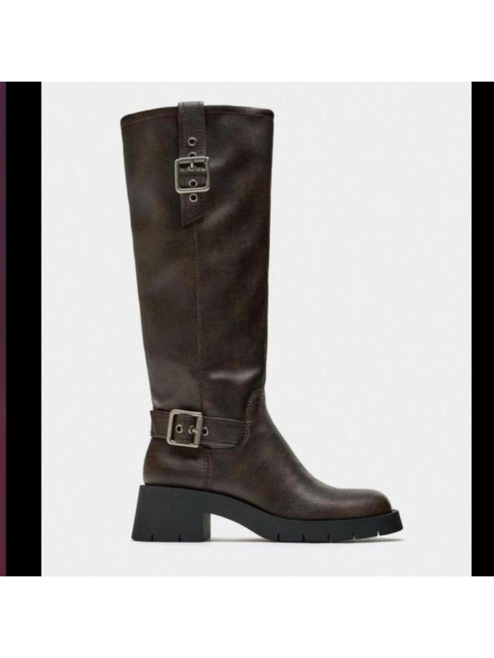 Zara Brown leather knee high boots with buckle detail